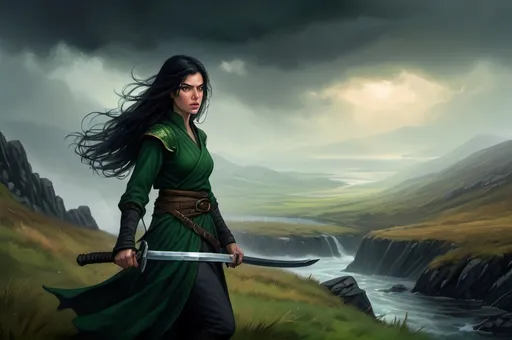 Prompt: Background in dramatic Irish scenery, dark vibrant colors, high quality, game-rpg style, epic high fantasy, traditional art, dramatic dark lighting, heroic fighter, fascinating, high quality details, atmospheric lighting, highres, fantasy,  immersive, murky tones, medieval, mysterious, foggy, moody atmosphere, Aoibhinn McGinnity, Detailed DnD fantasy art of a heroic female fighting in the landscape, green eyes, thick long tousled black hair, traditional detailed oil painting, low body fat, intricate detailed typical Irish clothes, detailed black belts