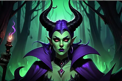 Prompt: Animatic Maleficent-inspired, dark fantasy illustration of a powerful animated Disney sorceress, Alissa White Gluz facial twin, cute facial traits, green skin, green teint, red lips, high cheekbones, ominous and magical atmosphere, rich dull purple and black tones, murky mystical forest setting, intricate and detailed horns, piercing and intense gaze, flowing and dramatic purple cloak, high-quality, digital painting, fantasy, dark tones, magical, detailed horns, powerful sorceress, atmospheric lighting, skulls and bones laying around, huge cauldron with green liquid and black steam
