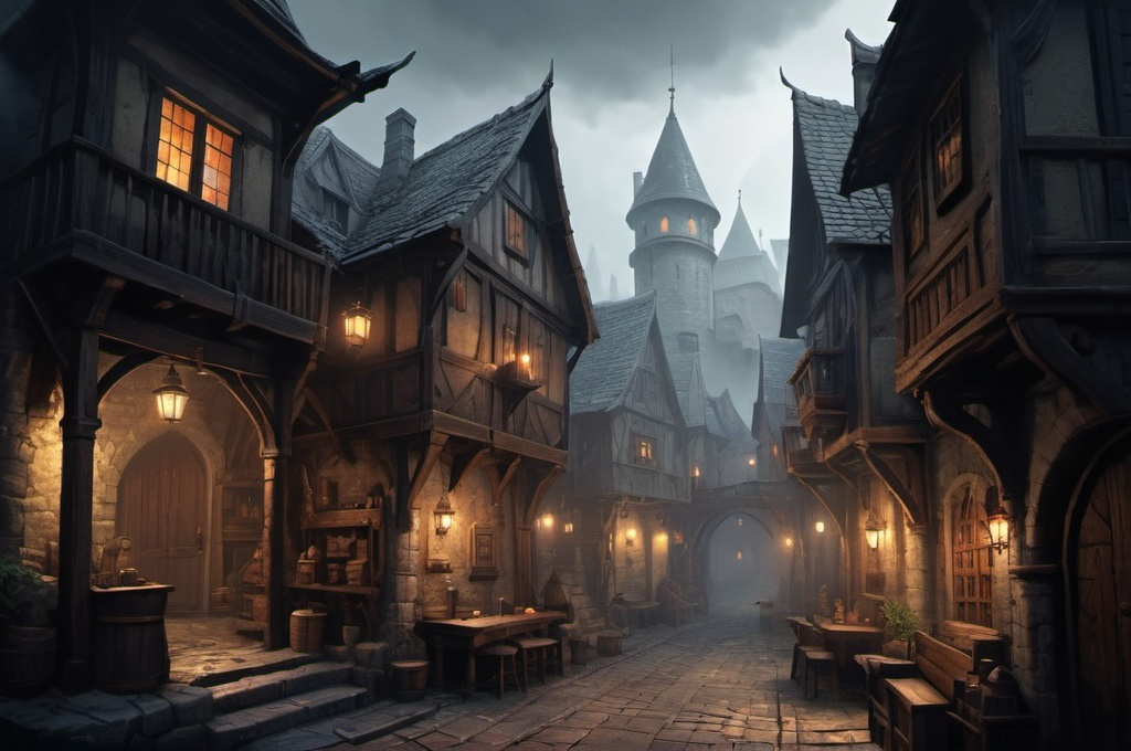 Prompt: Huge very detailed DnD fantasy landscape with a murky city, detailed houses and taverns, atmospheric lighting, highres, fantasy, detailed architecture, immersive, murky tones, medieval, mysterious, foggy, bustling city, detailed alleys, ancient buildings, moody atmosphere, with a small Detailed DnD fantasy art of a pretty heroic female dnd Rogue