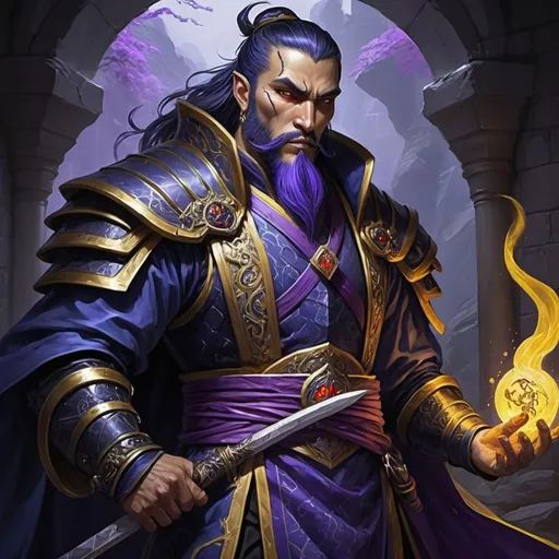 Prompt: Detailed DnD fantasy art of a heroic male dnd yuan-ti pureblood cleric, traditional detailed painting,  intricate black in Darkblue purple gown detailed black in black belts, dramatic lighting, vibrant colors, high quality, game-rpg style, epic fantasy, traditional art,  detailed dark leather armor, dramatic lighting, heroic cleric, vibrant colors, high quality details, yellow snake eyes, splitted tongue, calimshitish ancestry