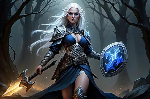 Prompt: Kathleen Robertson, detailed DnD fantasy art of a pretty heroic female elven Selune cleric, bonnie facial traits, blue eyes, thick long tousled white hair, traditional detailed oil painting, intricate detailed darkblue full plate mail, darkblue-silver shield with Selune symbol, detailed black belts, dramatic lighting, dark vibrant colors, high quality, game-rpg style, epic high fantasy, traditional art, dramatic dark lighting, heroic cleric, fascinating, high quality details, battlehammer in the hand, in a murky battlefield background surrounded by undeads, atmospheric lighting, highres, fantasy,  immersive, murky tones, medieval, mysterious, foggy, moody atmosphere, undead walking around