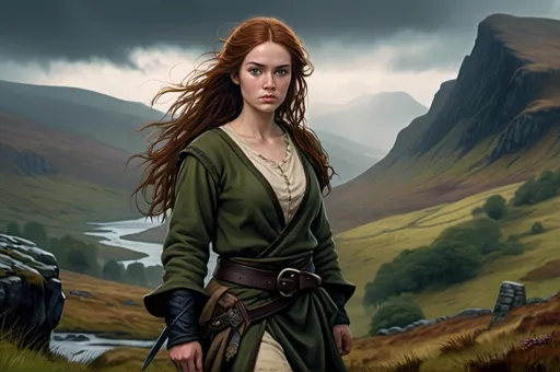 Prompt: Background in dramatic Scottish Highlands, dark vibrant colors, high quality, game-rpg style, epic high fantasy, traditional art, dramatic dark lighting, heroic fighter, fascinating, high quality details, atmospheric lighting, highres, fantasy,  immersive, murky tones, medieval, mysterious, foggy, moody atmosphere, broken Scottish Flag in the background, Karen Gillian, Detailed DnD fantasy art of a cute heroic female fighter in the landscape, green eyes, thick long tousled darkbrown hair, traditional detailed oil painting, low body fat, intricate detailed typical Scottish mens clothes, detailed black belts