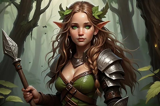 Prompt: Detailed DnD fantasy art of a pretty heroic female wood gnome druid, Jennifer Lawrence facial twin, cute facial traits, green eyes, thick long tousled syringa hair, little cleavage, traditional detailed oil painting, intricate small brown leather armor, detailed black belts, dramatic lighting, dark vibrant colors, high quality, game-rpg style, epic high fantasy, traditional art, detailed brown leather armor, dramatic dark lighting, heroic druid, fascinating, high quality details, wandering staff in the hand, in a murky forest background in a DnD fantasy landscape with detailed plants and trees, atmospheric lighting, highres, fantasy,  immersive, murky tones, medieval, mysterious, foggy, moody atmosphere, little birds flying around, dragonflies and butterflies flying around