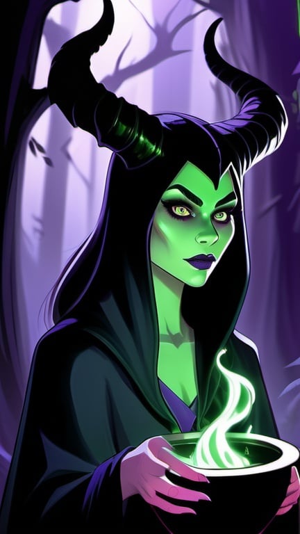 Prompt: Animatic Maleficent-inspired, dark fantasy illustration of a powerful animated Disney sorceress, Tatiana Shmayluk facial twin, cute facial traits, green skin, green teint, red lips, high cheekbones, ominous and magical atmosphere, rich dull purple and black tones, murky mystical forest setting, intricate and detailed horns, piercing and intense gaze, flowing and dramatic purple cloak, high-quality, digital painting, fantasy, dark tones, magical, detailed horns, powerful sorceress, atmospheric lighting, skulls and bones laying around, huge cauldron with green liquid and black steam
