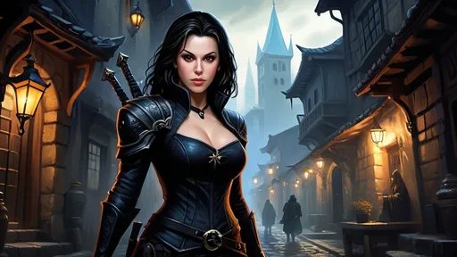 Prompt: Detailed DnD fantasy art of a pretty heroic female dnd Assassin, Alyssa Milano facial twin urgent, stunning facial traits, Alyssa Milano slender body twin, black eyes, thick long tousled black hair, small cleavage, slender body, traditional detailed oil painting, intricate small black in black leather armor,  detailed black belts, dramatic lighting, dark vibrant colors, high quality, game-rpg style, epic high fantasy, traditional art, detailed black leather armor, dramatic dark lighting, heroic assassin, fascinating, high quality details, Dagger in the hand in  a Huge very detailed DnD fantasy landscape with a murky city, detailed houses and taverns, atmospheric lighting, highres, fantasy, detailed architecture, immersive, murky tones, medieval, mysterious, foggy, bustling city, detailed alleys, ancient buildings, moody atmosphere