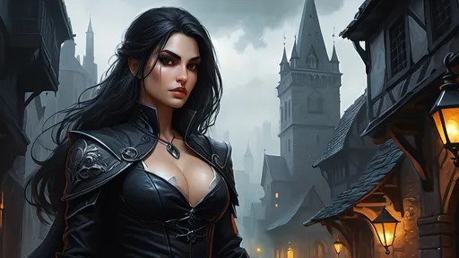 Prompt: Detailed DnD fantasy art of a pretty heroic female dnd Assassin, takes only 10% space of the picture, Amita Suman facial twin urgent, stunning facial traits, Amita Suman slender body twin, black eyes, thick long tousled darkblonde hair, small cleavage, slender body, traditional detailed oil painting, intricate small black in black leather armor,  detailed black belts, dramatic lighting, dark vibrant colors, high quality, game-rpg style, epic high fantasy, traditional art, detailed black leather armor, dramatic dark lighting, heroic rogue, fascinating, high quality details, Dagger in the hand in  a Huge very detailed DnD fantasy landscape with a murky city, detailed houses and taverns, atmospheric lighting, highres, fantasy, detailed architecture, immersive, murky tones, medieval, mysterious, foggy, bustling city, detailed alleys, ancient buildings, moody atmosphere