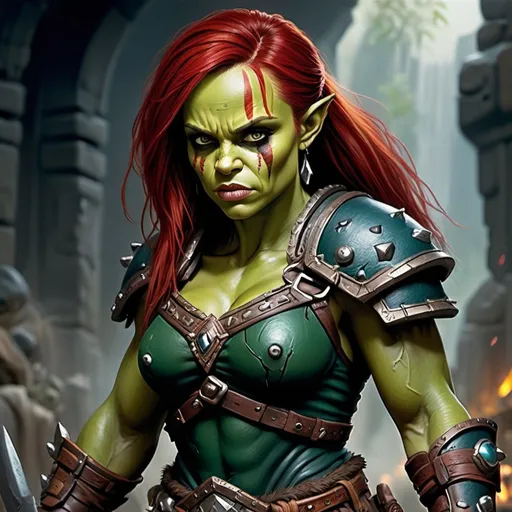 Prompt: Christina Ricci as female Orc, Detailed DnD fantasy art of a heroic female half orc barbarian, lovely facial traits, green skin, red hair, detailed outstanding visible boar teeth at the mouth, detailed outstanding visible tusks at the mouth, traditional detailed painting, intricate small black leather armor, detailed black belts, dramatic lighting, vibrant colors, high quality, game-rpg style, epic fantasy, traditional art, detailed dark leather armor, dramatic lighting, heroic barbarian, fascinating dry muscles, large biceps, strong underarms, low body fat, vibrant colors, high quality details, impressive warhammer in the hand