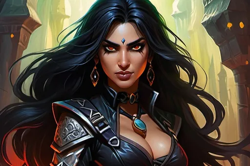 Prompt: Amita Suman, Detailed DnD fantasy art of a pretty heroic female dnd Rogue, lovely facial traits, thick long tousled black hair, traditional detailed oil painting, intricate small black leather armor,  detailed black belts, dramatic lighting, vibrant colors, high quality, game-rpg style, epic high fantasy, traditional art, detailed black leather armor, dramatic dark lighting, heroic rogue, fascinating, vibrant colors, high quality details, Dagger, murky urban arabic background