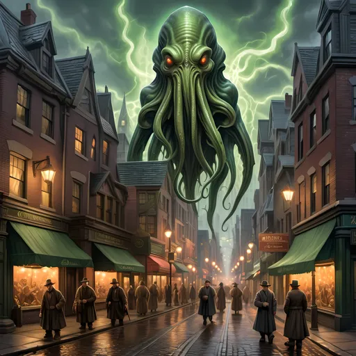 Prompt: 1920's cthulhu cityscape with bustling city, detailed intricate oil painting, detailed variant architecture and cobblestone streets, lively variant townsfolk in period variant clothing, mystical fantasy lighting, high quality, detailed variant medieval architecture, lively townsfolk, fantasy landscape, mystical lighting