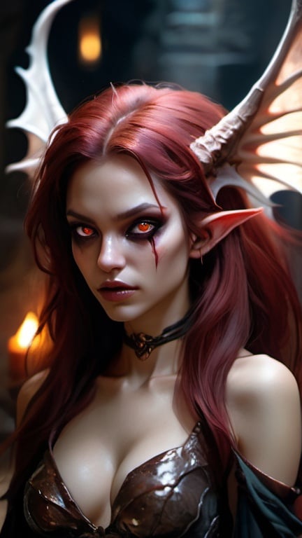 Prompt: Highdee Kuan, DnD succubus in a dimly lit dungeon, oil painting, pretty facial traits, detailed overdimensional huge devilwings with iridescent highlights, flowing and exploding thick darkred tousled hair and piercing eyes, high quality, oil painting, fantasy, dark tones, murky atmospheric lighting, detailed features, alluring, fantasy art, mystical, atmospheric, dramatic lighting