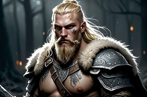Prompt: Johann Hegg, Detailed DnD fantasy art of a heroic male Viking, grey eyes, thick long tousled blonde hair with undercut, traditional detailed oil painting, many detailed nordic viking tattoos, immensive detailed nordic rune facial paint, immensive full bearded, detailed massive intricate muscles, ripped and massive, low body fat, intricate detailed small brown leather armour, detailed black belts, dramatic lighting, dark vibrant colors, high quality, game-rpg style, epic high fantasy, traditional art, dramatic dark lighting, heroic cleric, fascinating, high quality details, battlehammer in the hand, in a murky battlefield background, atmospheric lighting, highres, fantasy,  immersive, murky tones, medieval, mysterious, foggy, moody atmosphere, undead walking around