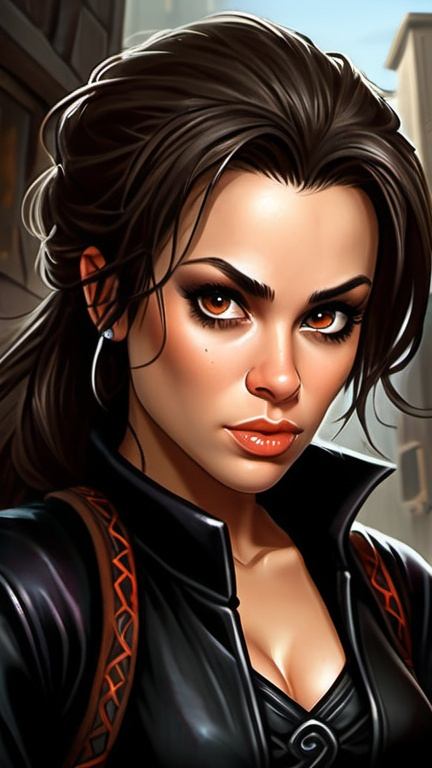 Prompt: Alyssa Milano, Detailed DnD fantasy art of a young heroic female dnd Halfling Rogue, many thick long tousled dark brown hair, traditional detailed painting, intricate small black leather vest, dark chemise, detailed black belts, murky lighting, dark vibrant colors, high quality, game-rpg style, epic high fantasy, traditional art, detailed black fabric armor, dramatic dark lighting, heroic rogue, fascinating, dark vibrant colors, high quality details, high quality detailed medivial urban background