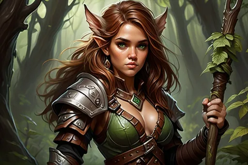 Prompt: Detailed DnD fantasy art of a pretty heroic female wood gnome druid, Jessica Alba facial twin, cute facial traits, green eyes, thick long tousled redbrown hair, little cleavage, traditional detailed oil painting, intricate small brown leather armor, detailed black belts, dramatic lighting, dark vibrant colors, high quality, game-rpg style, epic high fantasy, traditional art, detailed brown leather armor, dramatic dark lighting, heroic druid, fascinating, high quality details, wandering staff in the hand, in a murky forest background in a DnD fantasy landscape with detailed plants and trees, atmospheric lighting, highres, fantasy,  immersive, murky tones, medieval, mysterious, foggy, moody atmosphere, little birds flying around, dragonflies and butterflies flying around