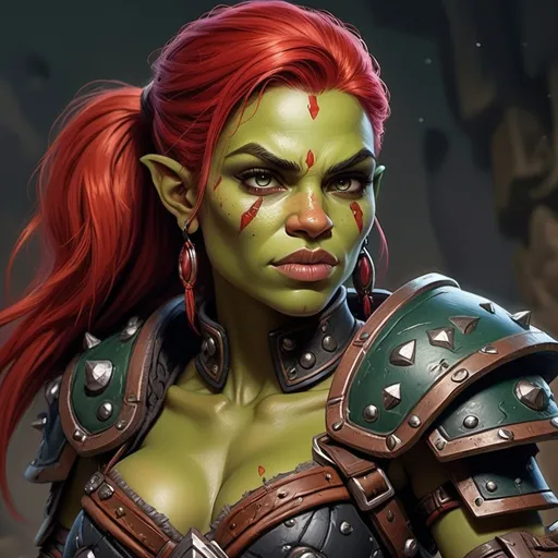 Prompt: Detailed DnD fantasy art of a cute pretty heroic female dnd half orc barbarian, lovely facial traits, green skin, red hair, detailed visible boar teeth at the mouth, detailed visible tusks at the mouth, traditional detailed painting, intricate small black leather armor, detailed black belts, dramatic lighting, vibrant colors, high quality, game-rpg style, epic fantasy, traditional art, detailed dark leather armor, dramatic lighting, heroic barbarian, fascinating dry muscles, large biceps, strong underarms, low body fat, vibrant colors, high quality details, impressive warhammer in the hand