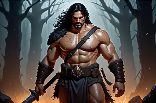 Prompt: Joe Manganiello, Detailed DnD fantasy art of a heroic male goliath barbarian, black eyes, thick long tousled black hair, traditional detailed oil painting, detailed massive intricate muscles, low body fat, intricate detailed brown leather armour, detailed black belts, dramatic lighting, dark vibrant colors, high quality, game-rpg style, epic high fantasy, traditional art, dramatic dark lighting, heroic cleric, fascinating, high quality details, battlehammer in the hand, in a murky battlefield background, atmospheric lighting, highres, fantasy,  immersive, murky tones, medieval, mysterious, foggy, moody atmosphere, undead walking around