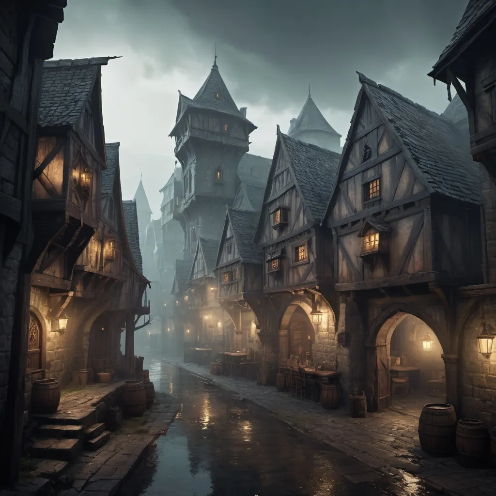 Prompt: DnD fantasy landscape with a murky city, detailed houses and taverns, atmospheric lighting, highres, fantasy, detailed architecture, immersive, murky tones, medieval, mysterious, foggy, bustling city, detailed alleys, ancient buildings, moody atmosphere