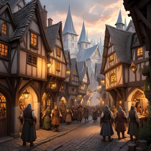 Prompt: Medieval D&D fantasy cityscape with bustling village, detailed architecture and cobblestone streets, lively townsfolk in period clothing, mystical fantasy lighting, high quality, detailed medieval architecture, lively townsfolk, fantasy landscape, mystical lighting