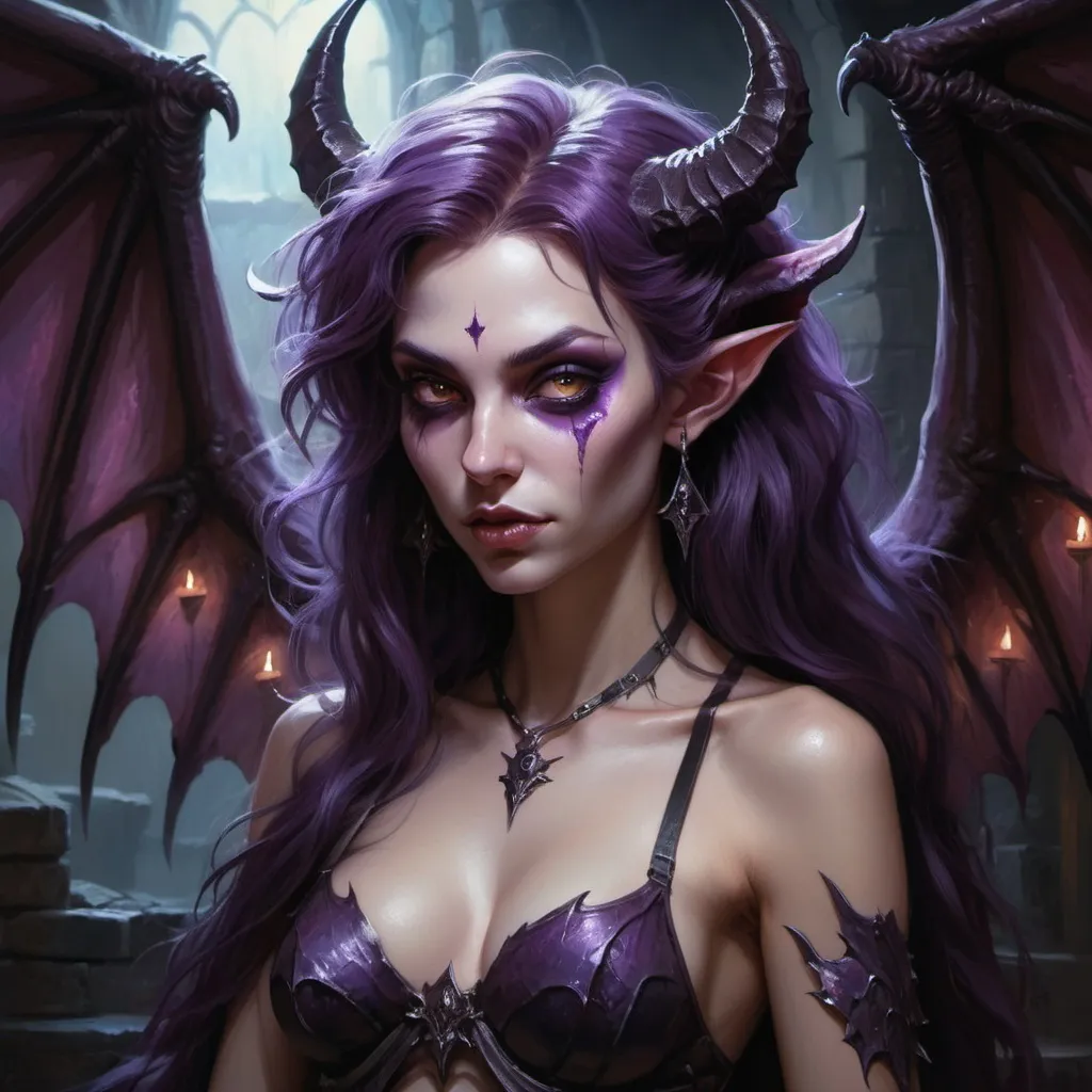 Prompt: DnD succubus in a dimly lit dungeon, oil painting, detailed huge devilwings with iridescent highlights, flowing thick purple tousled hair and piercing eyes, high quality, oil painting, fantasy, dark tones, murky atmospheric lighting, detailed features, alluring, fantasy art, mystical, atmospheric, dramatic lighting