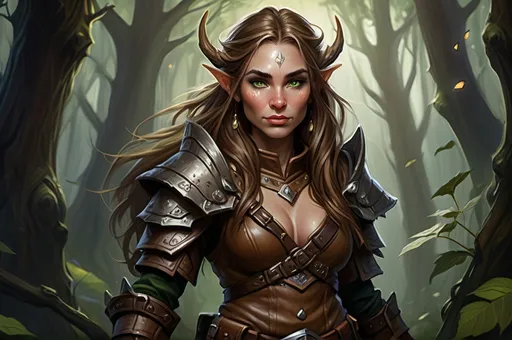 Prompt: Detailed DnD fantasy art of a pretty heroic female wood gnome druid, Claire Forlani facial twin, cute facial traits, green eyes, thick long tousled syringa hair, little cleavage, traditional detailed oil painting, intricate small brown leather armor, detailed black belts, dramatic lighting, dark vibrant colors, high quality, game-rpg style, epic high fantasy, traditional art, detailed brown leather armor, dramatic dark lighting, heroic druid, fascinating, high quality details, wandering staff in the hand, in a murky forest background in a DnD fantasy landscape with detailed plants and trees, atmospheric lighting, highres, fantasy,  immersive, murky tones, medieval, mysterious, foggy, moody atmosphere, little birds flying around, dragonflies and butterflies flying around