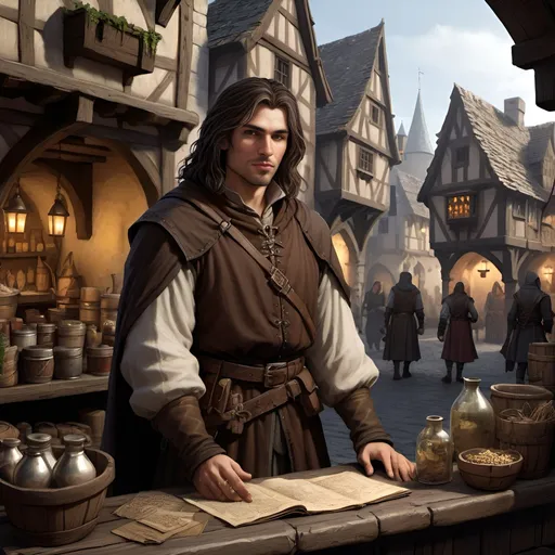 Prompt: Detailed DND merchant in medieval city landscape, darkbrown hair, rugged clothes, behind a sales table, many items on the table, murky lighting, medieval streets, medieval buildings, many inhabitants in background, high quality, detailed, medieval, fantasy, detailed hair, traditional, atmospheric lighting, detailed scenery