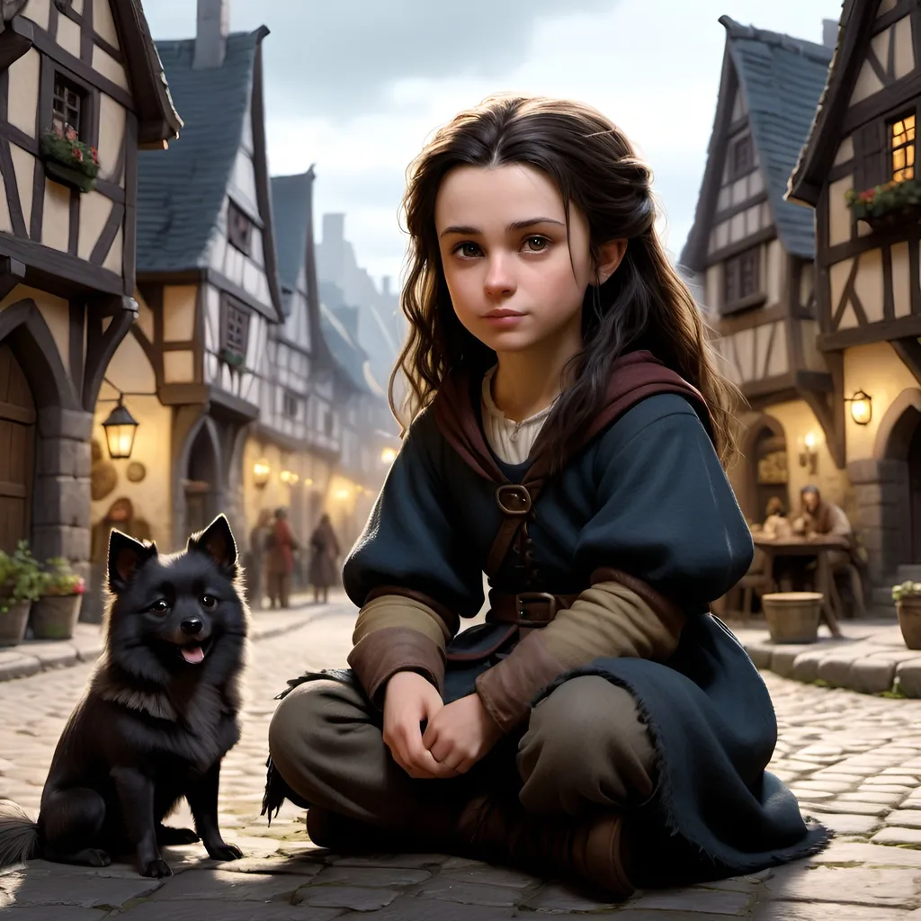 Prompt: Detailed DND young halfling waife in medieval city landscape, darkbrown hair, ragged clothes, German black spitz sitting beside, murky lighting, medieval streets, medieval buildings, many inhabitants in background, high quality, detailed, medieval, fantasy, detailed hair, traditional, atmospheric lighting, detailed scenery