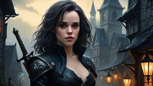 Prompt: Detailed DnD fantasy art of a pretty heroic female dnd Assassin, Rachel McAdams facial twin urgent, stunning facial traits, Rachel McAdams slender body twin, black eyes, thick long tousled darkbrown hair, small cleavage, slender body, traditional detailed oil painting, intricate small black in black leather armor,  detailed black belts, dramatic lighting, dark vibrant colors, high quality, game-rpg style, epic high fantasy, traditional art, detailed black leather armor, dramatic dark lighting, heroic rogue, fascinating, high quality details, Dagger in the hand in  a Huge very detailed DnD fantasy landscape with a murky city, detailed houses and taverns, atmospheric lighting, highres, fantasy, detailed architecture, immersive, murky tones, medieval, mysterious, foggy, bustling city, detailed alleys, ancient buildings, moody atmosphere