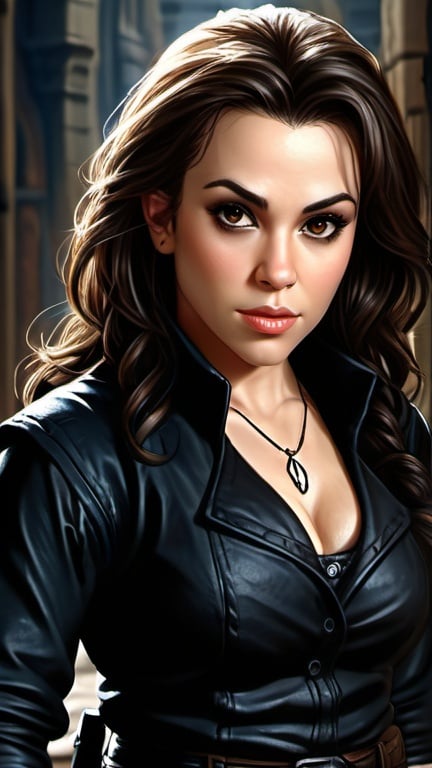 Prompt: Alyssa Milano, Detailed DnD fantasy art of a young heroic female dnd Halfling Assassin, many thick long tousled dark brown hair, traditional detailed painting, intricate small black leather vest, dark chemise, detailed black belts, murky lighting, dark vibrant colors, high quality, game-rpg style, epic high fantasy, traditional art, detailed black fabric armor, dramatic dark lighting, heroic Assassin, fascinating, dark vibrant colors, high quality details, high quality detailed murky medivial urban background,