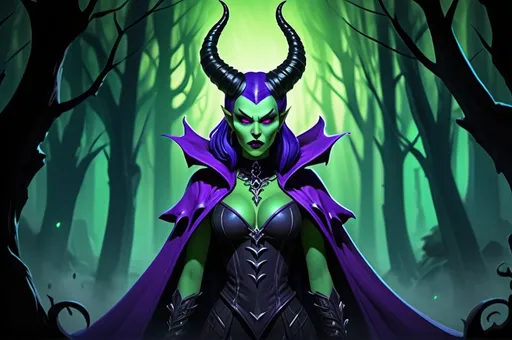 Prompt: Animatic Maleficent-inspired, dark whole body fantasy illustration of a powerful animated Disney sorceress, Alissa White Gluz facial twin, cute facial traits, green skin, green teint, red lips, high cheekbones, ominous and magical atmosphere, rich dull purple and black tones, murky mystical forest setting, intricate and detailed horns, piercing and intense gaze, flowing and dramatic purple cloak, high-quality, digital painting, fantasy, dark tones, magical, detailed horns, powerful sorceress, atmospheric lighting, skulls and bones laying around, huge cauldron with green liquid and black steam
