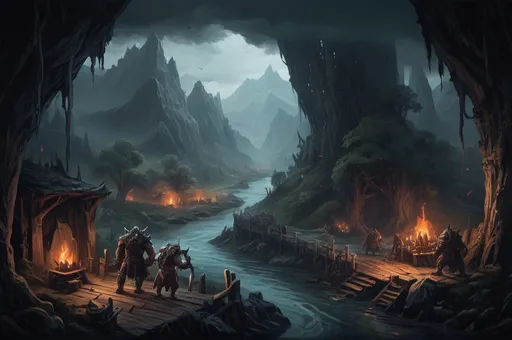 Prompt: Huge Faerun Wooden Landscape with dramatic lighting, rivers, Dnd monsters who fight against adventurers, dark vibrant colors, high quality, game-rpg style, epic high fantasy, traditional art, dramatic dark lighting, fascinating, high quality details, in a murky background, atmospheric lighting, highres, fantasy,  immersive, murky tones, mysterious, foggy, moody atmosphere, orcs are doing a break