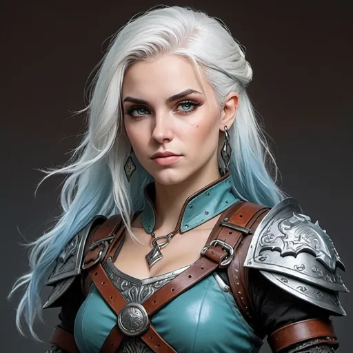 Prompt: Alissa White Gluz, Detailed DnD fantasy art of a pretty heroic female dnd Air Genasi Ranger, lovely facial traits, blue in white hair, lightblue teint, lightblue skin, traditional detailed painting, intricate small brown leather armor, green shirt, detailed black belts, dramatic lighting, vibrant colors, high quality, game-rpg style, epic fantasy, traditional art, detailed leather armor, dramatic lighting, heroic ranger, fascinating, low body fat, vibrant colors, high quality details, scimitars