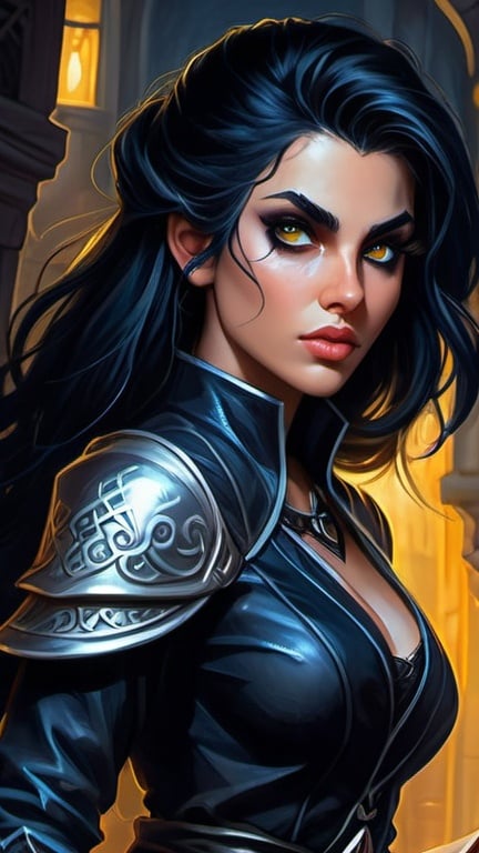 Prompt: Detailed DnD fantasy art of a pretty heroic female dnd Rogue, Amita Suman facial twin, bonnie facial traits, darkgreen eyes, thick long tousled black hair, traditional detailed oil painting, intricate small black leather armor,  detailed black belts, dramatic lighting, dark vibrant colors, high quality, game-rpg style, epic high fantasy, traditional art, detailed black leather armor, dramatic dark lighting, heroic rogue, fascinating, high quality details, Dagger, murky urban arabic background