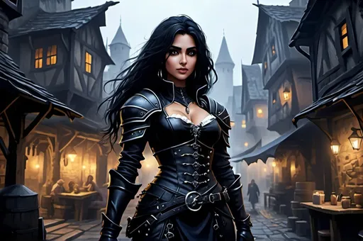 Prompt: Huge very detailed DnD fantasy landscape with a murky city, detailed houses and taverns, atmospheric lighting, highres, fantasy, detailed architecture, immersive, murky tones, medieval, mysterious, foggy, bustling city, detailed alleys, ancient buildings, moody atmosphere, with a small Detailed DnD fantasy art of a pretty heroic female dnd Rogue, Amita Suman facial twin urgent, stunning facial traits, Amita Suman body twin, black eyes, thick long tousled black hair, little cleavage, traditional detailed oil painting, intricate small black in black leather armor,  detailed black belts, dramatic lighting, dark vibrant colors, high quality, game-rpg style, epic high fantasy, traditional art, detailed black leather armor, dramatic dark lighting, heroic rogue, fascinating, high quality details, Rapier in the hand, murky urban medivial background