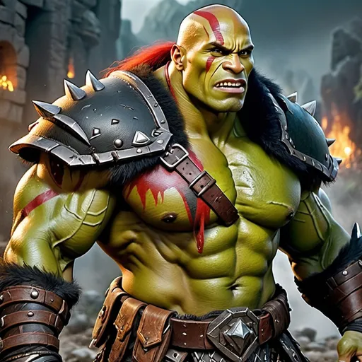 Prompt: Dwayne Johnson as female Orc, Detailed DnD fantasy art of a heroic female half orc barbarian, lovely facial traits, green skin, red hair, detailed outstanding visible boar teeth at the mouth, detailed outstanding visible tusks at the mouth, traditional detailed painting, intricate small black leather armor, detailed black belts, dramatic lighting, vibrant colors, high quality, game-rpg style, epic fantasy, traditional art, detailed dark leather armor, dramatic lighting, heroic barbarian, fascinating dry muscles, large biceps, strong underarms, low body fat, vibrant colors, high quality details, impressive warhammer in the hand