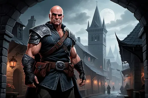 Prompt: Bas Rutten, Detailed DnD fantasy art of a heroic dnd fighter, black eyes, overhelming charismatic, slim ripped and muscular body, slender and withy body, traditional detailed painting, detailed intricate black fantasy full plate mail, dramatic lighting, vibrant colors, high quality, game-rpg style, epic high fantasy, traditional art, dramatic dark lighting, fascinating, dark gloomy vibrant colors, high quality details, small shoulder armor, small bracers, all clothes and armours in dull black, a karambit in the right hand, in a huge very detailed DnD fantasy city landscape with a murky ambiente, atmospheric lighting, highres, detailed architecture, medieval buildings, ancient streets, immersive, murky tones, medieval, mysterious, foggy, gloomy moody atmosphere, various habitans in the city background