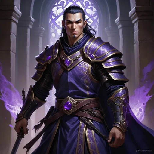 Prompt: Detailed DnD fantasy art of a heroic male dnd yuan-ti pureblood cleric, traditional detailed painting,  intricate black in Darkblue purple gown detailed black in black belts, dramatic lighting, vibrant colors, high quality, game-rpg style, epic fantasy, traditional art,  detailed dark leather armor, dramatic lighting, heroic cleric, vibrant colors, high quality details, 