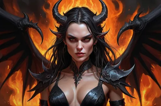 Prompt: Detailed digital painting of full body female Baldur's Gate 3 Demon Mizora, Keira Knightley, stunning pretty but mean facial traits, grey skin, immensive thick long tousled black hair with white wisps, leathery tremendous huge and black demonwings, eight-pack bellyfree corsage, fiery and ominous atmosphere, high quality, digital painting, menacing demonic features, glowing eyes, intense expression, swirling background flames, dark and foreboding color tones, intricate horns, fiery backdrop, dramatic lighting