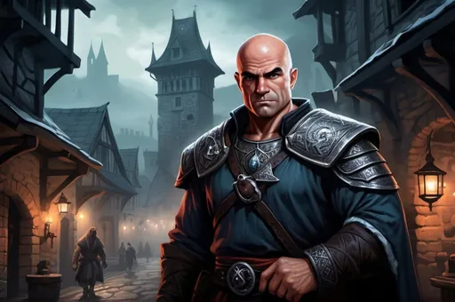 Prompt: Bas Rutten, Detailed DnD fantasy art of a heroic dnd fighter, black eyes, scar at the cheek, overhelming charismatic, slim ripped and muscular body, slender and withy body, traditional detailed painting, detailed intricate black fantasy plate mail, dramatic lighting, vibrant colors, high quality, game-rpg style, epic high fantasy, traditional art, dramatic dark lighting, fascinating, dark gloomy vibrant colors, high quality details, small shoulder armor, small bracers, all clothes and armours in dull black, a karambit in the right hand, in a huge very detailed DnD fantasy city landscape with a murky ambiente, atmospheric lighting, highres, detailed architecture, medieval buildings, ancient streets, immersive, murky tones, medieval, mysterious, foggy, gloomy moody atmosphere, various habitans in the city background