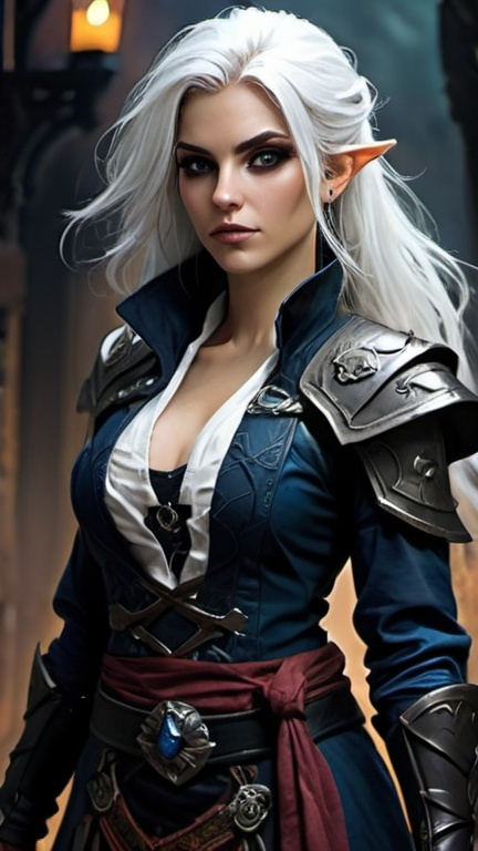 Prompt: Detailed DnD fantasy art of a young pretty heroic female dnd Fey'ri Warlock, bonnie facial traits, many thick long tousled white hair, traditional detailed painting, intricate small black leather vest, darkblue chemise, detailed black belts, murky lighting, dark vibrant colors, high quality, game-rpg style, epic high fantasy, traditional art, detailed black fabric armor, dramatic gloomy lighting, heroic Warlock, fascinating, dark vibrant colors, high quality details, high quality detailed murky medivial urban background,