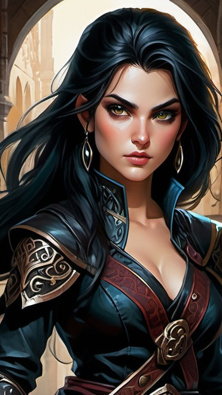 Prompt: Detailed DnD fantasy art of a pretty heroic female dnd Rogue, Aminta Suman facial twin, lovely facial traits, thick long tousled black hair, traditional detailed oil painting, intricate small black leather armor,  detailed black belts, dramatic lighting, dark vibrant colors, high quality, game-rpg style, epic high fantasy, traditional art, detailed black leather armor, dramatic dark lighting, heroic rogue, fascinating, high quality details, Dagger, murky urban arabic background
