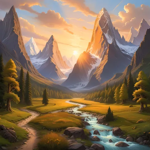 Prompt: Majestic landscape of Middle-earth, oil painting, towering mountains, lush forests, pristine rivers, epic cinematic quality, realistic fantasy, golden hour lighting, vibrant colors, atmospheric, detailed scenery, highres, cinematic, realistic fantasy, epic landscape, lush forests, towering mountains, oil painting, golden hour lighting, vibrant colors