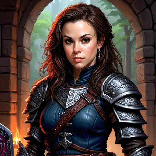 Prompt: Alyssa Milano, Detailed DnD fantasy art of a pretty heroic female dnd Halfling Rogue, beautiful facial traits, dark thick long brown hair,  traditional detailed painting, intricate small black leather armor,  detailed black belts, dramatic lighting, vibrant colors, high quality, game-rpg style, epic high fantasy, traditional art, detailed black leather armor, dramatic dark lighting, heroic rogue, fascinating, vibrant colors, high quality details, Rapier