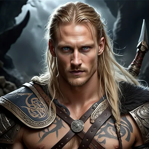 Prompt: Alexander Skarsgard, Detailed DnD fantasy art of a male Viking dnd,  many thick long tousled blonde hair, sidecut, traditional detailed painting,  detailed black belts, murky lighting, dark vibrant colors, high quality, game-rpg style, epic high fantasy, traditional art,  dramatic gloomy lighting, heroic Viking, fascinating, dark vibrant colors, high quality details,clothes with intricate nordic details, high quality detailed stormy and dramatic atmosphere, detailed facial tattoos, fierce expression, dynamic pose, Nordic runes, moody lighting