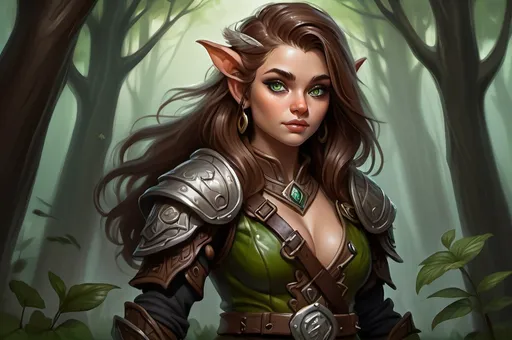 Prompt: Detailed DnD fantasy art of a pretty heroic female wood gnome druid, Aishwarya Rai facial twin, cute facial traits, green eyes, thick long tousled syringa hair, little cleavage, traditional detailed oil painting, intricate small brown leather armor, detailed black belts, dramatic lighting, dark vibrant colors, high quality, game-rpg style, epic high fantasy, traditional art, detailed brown leather armor, dramatic dark lighting, heroic druid, fascinating, high quality details, wandering staff in the hand, in a murky forest background in a DnD fantasy landscape with detailed plants and trees, atmospheric lighting, highres, fantasy,  immersive, murky tones, medieval, mysterious, foggy, moody atmosphere, little birds flying around, dragonflies and butterflies flying around