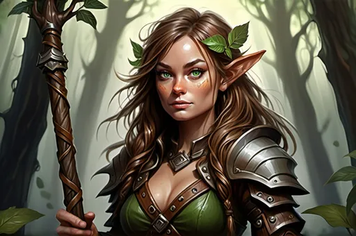 Prompt: Detailed DnD fantasy art of a pretty heroic female wood gnome druid, Olivia Wilde facial twin, cute facial traits, green eyes, thick long tousled syringa hair, little cleavage, traditional detailed oil painting, intricate small brown leather armor, detailed black belts, dramatic lighting, dark vibrant colors, high quality, game-rpg style, epic high fantasy, traditional art, detailed brown leather armor, dramatic dark lighting, heroic druid, fascinating, high quality details, wandering staff in the hand, in a murky forest background in a DnD fantasy landscape with detailed plants and trees, atmospheric lighting, highres, fantasy,  immersive, murky tones, medieval, mysterious, foggy, moody atmosphere, little birds flying around, dragonflies and butterflies flying around