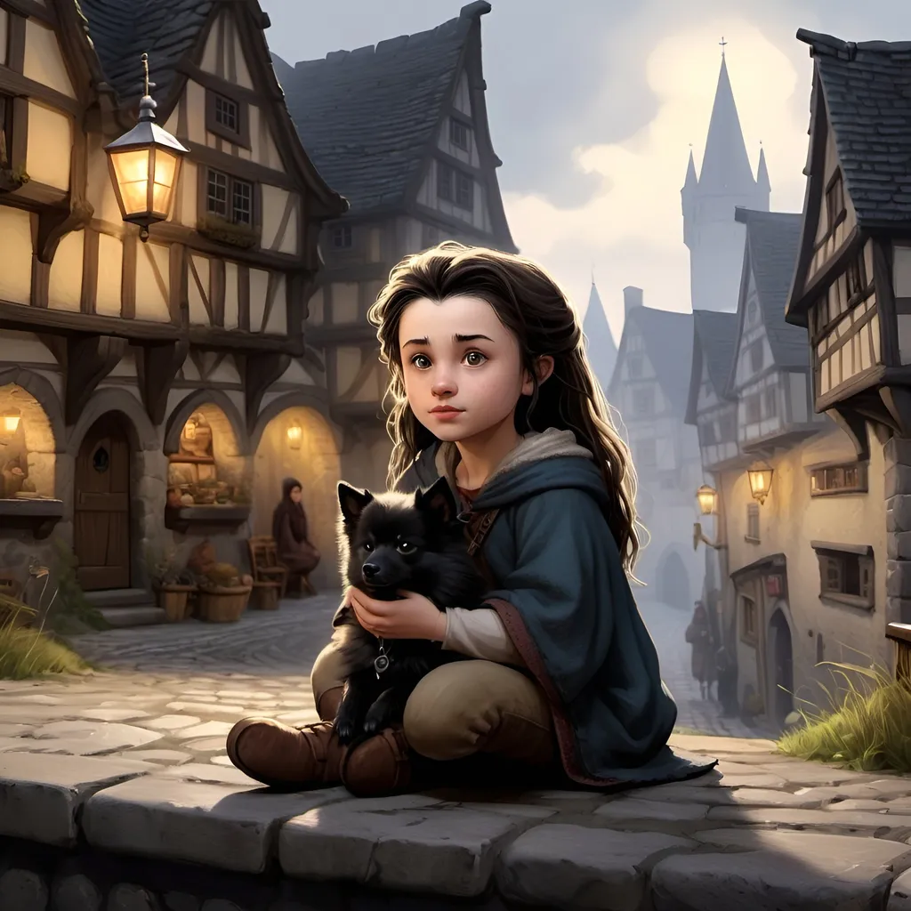 Prompt: Detailed DND young halfling waife in medieval city landscape, darkbrown hair, ragged clothes, German black spitz sitting beside, murky lighting, medieval streets, medieval buildings, many inhabitants in background, high quality, detailed, medieval, fantasy, detailed hair, traditional, atmospheric lighting, detailed scenery