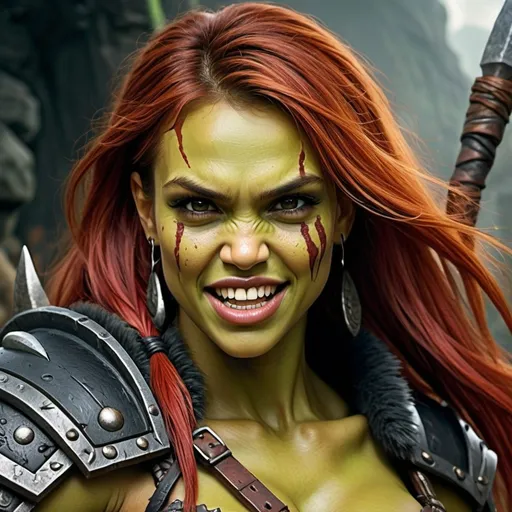 Prompt: Jessica Alba as female Orc, Detailed DnD fantasy art of a heroic female wild orc barbarian, cute facial traits, green skin, red hair, detailed outstanding visible boar teeth at the mouth, detailed outstanding visible tusks at the mouth, detailed fangs, traditional detailed painting, intricate small black leather armor, detailed black belts, dramatic lighting, dark vibrant colors, high quality, game-rpg style, epic fantasy, traditional art, detailed dark leather armor, dramatic lighting, heroic strong barbarian, fascinating dry muscles, large biceps, strong underarms, low body fat, vibrant colors, high quality details, impressive warhammer