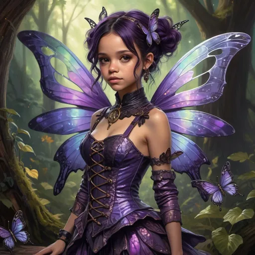 Prompt: Jenna Ortega, Detailed, full body high-quality painting of a Dnd fairy, intricate dragonflywings with dark shimmering colors, cute facial traits, purple hair, detailed victorian murky steampunk outfit, magical forest setting, ethereal darkglowing aura, whimsical and enchanting, fantasy, fantastical, dark vibrant colors, gloomy and warm lighting, artificier outfit, butterflies