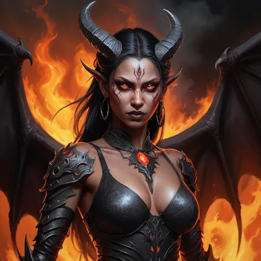 Prompt: Detailed digital painting of full body female Baldur's Gate 3 Demon Mizora, Amita Suman, stunning pretty but mean facial traits, grey skin, leathery huge and black demonwings, fiery and ominous atmosphere, high quality, digital painting, menacing demonic features, glowing eyes, intense expression, swirling background flames, dark and foreboding color tones, intricate horns, fiery backdrop, dramatic lighting