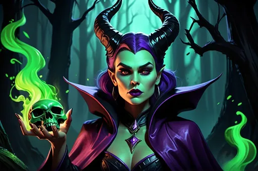 Prompt: Animatic Maleficent-inspired, dark whole body fantasy illustration of a powerful animated oldschool Disney sorceress, whole body Keira Knightley, mean facial traits, green skin, green teint, red lips, high cheekbones, leathery huge black demonwings, ominous and magical atmosphere, rich dull purple and black tones, murky mystical forest setting, intricate and detailed horns, piercing and intense gaze, flowing and dramatic purple cloak, high-quality, digital painting, fantasy, dark tones, magical, detailed horns, powerful sorceress, atmospheric lighting, skulls and bones laying around, huge cauldron with green liquid and black steam