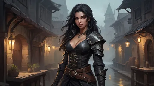 Prompt: DnD fantasy landscape with a murky city, detailed houses and taverns, atmospheric lighting, highres, fantasy, detailed architecture, immersive, murky tones, medieval, mysterious, foggy, bustling city, detailed alleys, ancient buildings, moody atmosphere, with a small Detailed DnD fantasy art of a pretty heroic female dnd Rogue, Amita Suman facial twin, bonnie facial traits, Amita Suman body twin, black eyes, thick long tousled black hair, little cleavage, traditional detailed oil painting, intricate small black in black leather armor,  detailed black belts, dramatic lighting, dark vibrant colors, high quality, game-rpg style, epic high fantasy, traditional art, detailed black leather armor, dramatic dark lighting, heroic rogue, fascinating, high quality details, Rapier in the hand, murky urban medivial background